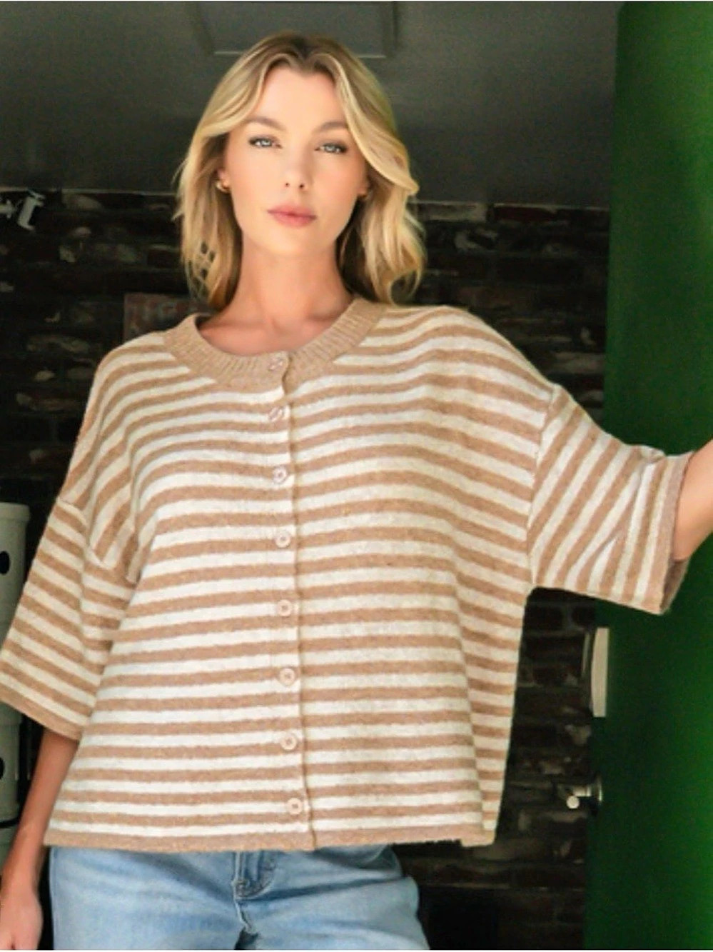 Striped Cardigan in Brown & White Like New